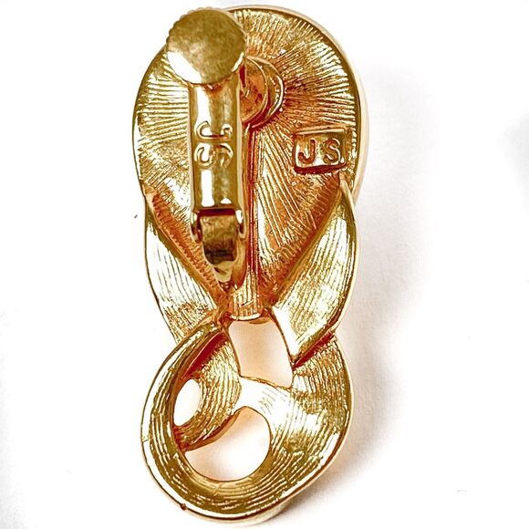 Faux Pearl Earrings Signed JS Tear Drop Cabochon Gold Tone Hinged Screw Back - Picture 4 of 6